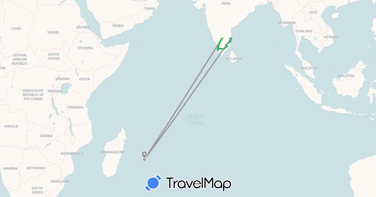 TravelMap itinerary: driving, bus, plane, hiking, boat in India, Réunion (Africa, Asia)
